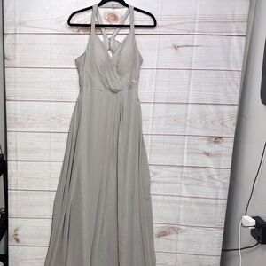 Azazie Grey Chiffon Halter Bridesmaid Dress A6 Pleated V-Neck Maxi Gown
